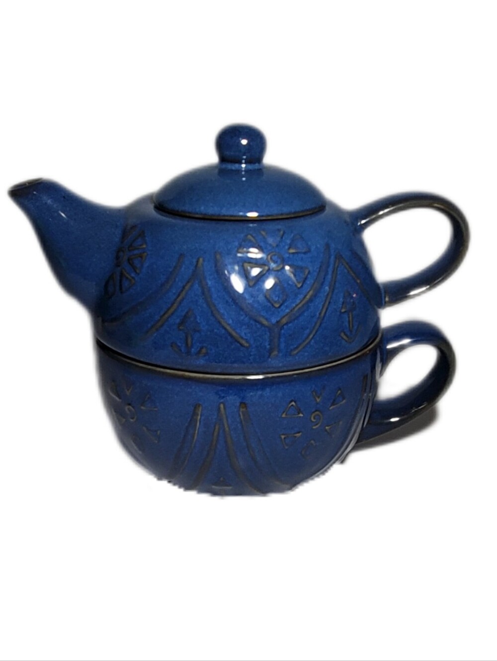 PIER 1 'Tea For One' Ceramic Stoneware Stackable Teapot with Teacup Set Blue EUC